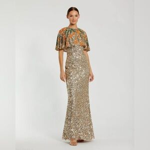 Mac Duggal 6120 Gold Embellished Gown With Floral Beaded Shawl sz 8